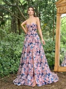 Faeriesty 花卉提花正式舞会抹胸礼服优雅晚间婚礼宾客礼服，适合毕业典礼、晚宴派对礼服 - 粉色 - 查看 4