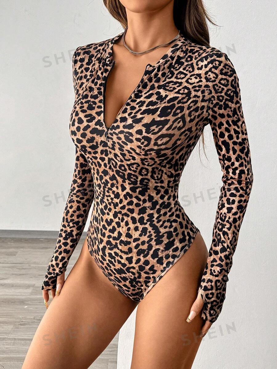Flirla Bodyduit de manga larga con escote recortado y estampado de leopardo sexy Y2K