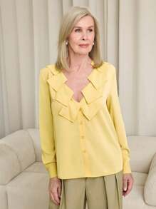 SHEIN LUNE Women's Solid Color V-Neck Long Sleeve Elegant Office Blouse, Spring & Summer - Yellow - View 1