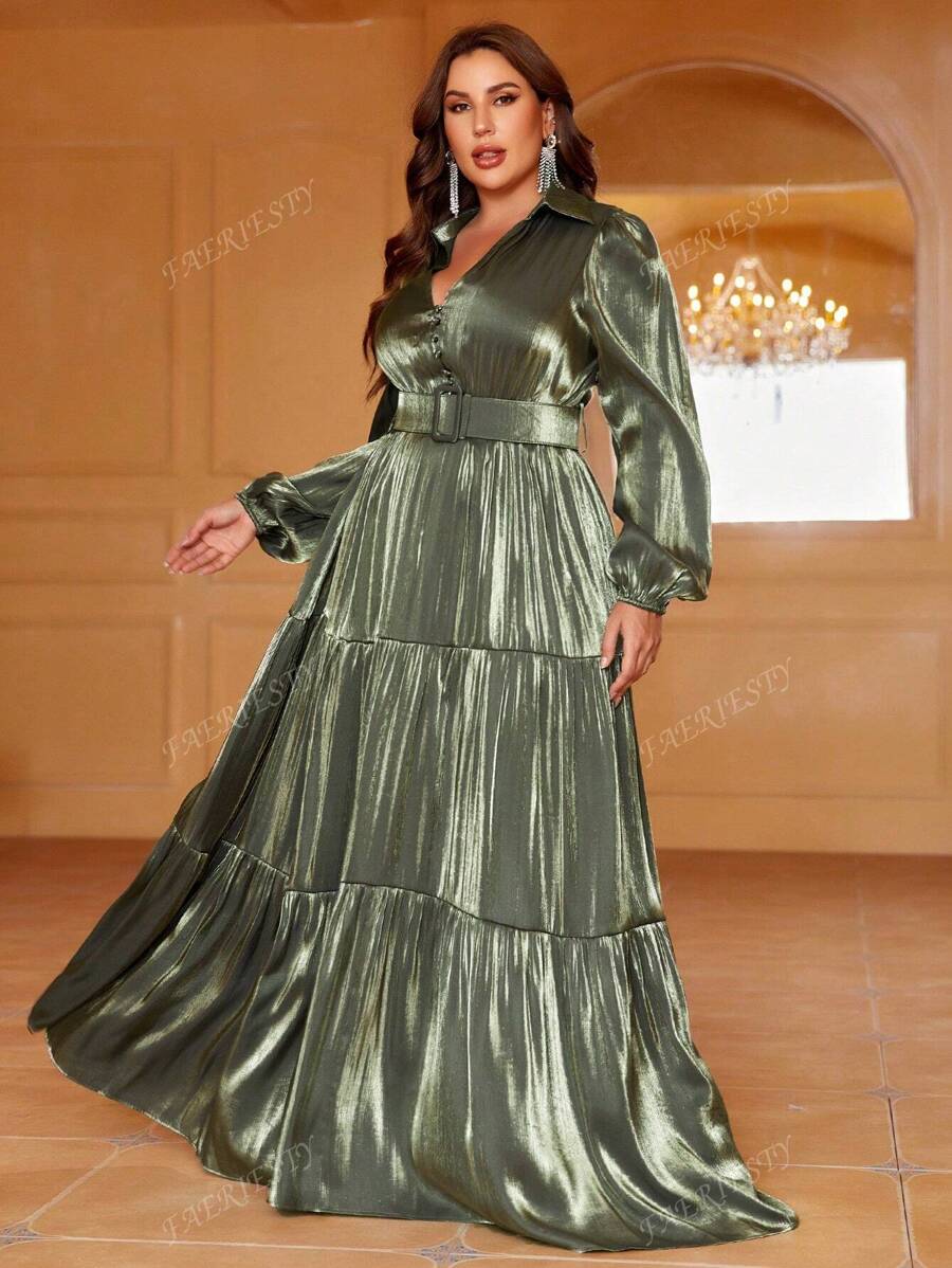 Faeriesty Plus Lantern Sleeve Ruffle Hem Belted Dress