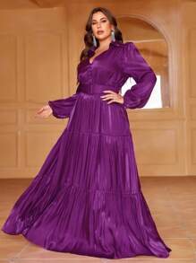 Plus Lantern Sleeve Ruffle Hem Chiffon Dress - Purple - View 1