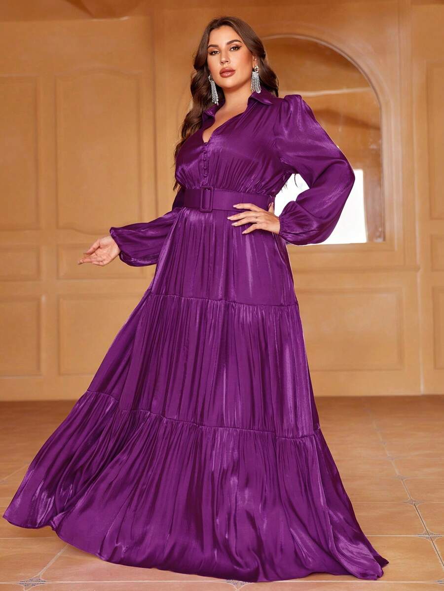 Plus Lantern Sleeve Ruffle Hem Chiffon Dress - Purple - View 1