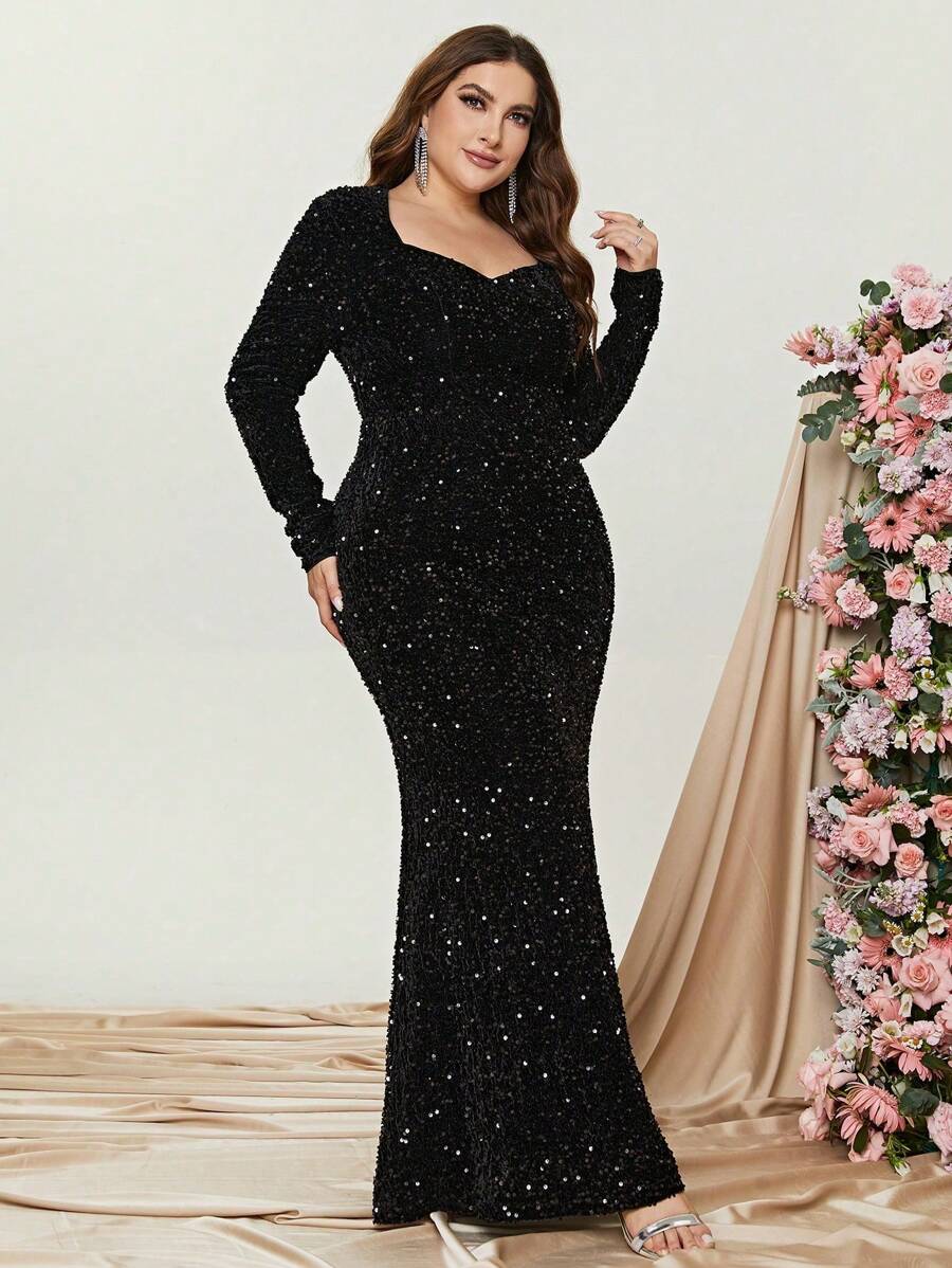 Elegant Plus-Size Evening Gown With Heart-Shaped Neckline & Long Sleeves | Curve-Hugging Mermaid Hem Dress For Formal Events | Luxurious Sparkling Embellishments, Structured Silhouette | Perfect For Galas, Black-Tie Weddings, Charity Fundraisers, Red Carpet Affairs, And High-End Dinner Parties,Party Dress,Wedding Guest - 黑色 - 查看 1