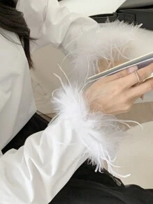 DAZY Women's Solid Color Crew Neck Drop Shoulder Long Sleeve Fluffy Cuff Casual T-Shirt, Spring & Summer