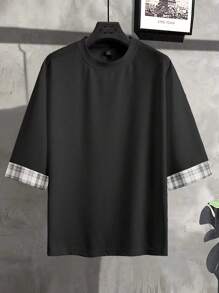 Claim Dot 秋季宽松男士格子袖口 T 恤 - 黑色 - 查看 3