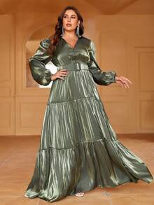 Faeriesty Plus Lantern Sleeve Ruffle Hem Belted Dress - Army Green - View 5