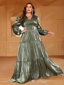 Faeriesty Plus Lantern Sleeve Ruffle Hem Belted Dress
