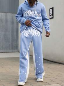 Manfinity Roghcode 男士春秋休闲字母印花落肩连帽衫和运动裤套装，拼色，外出，运动服，男友礼物，哥特 - 藍白色 - 查看 7