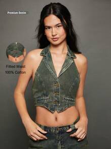 WESTFADE Premium 100% Cotton Denim Halter Top - Blue - View 1