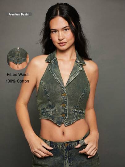 WESTFADE Premium 100% Cotton Denim Halter Top