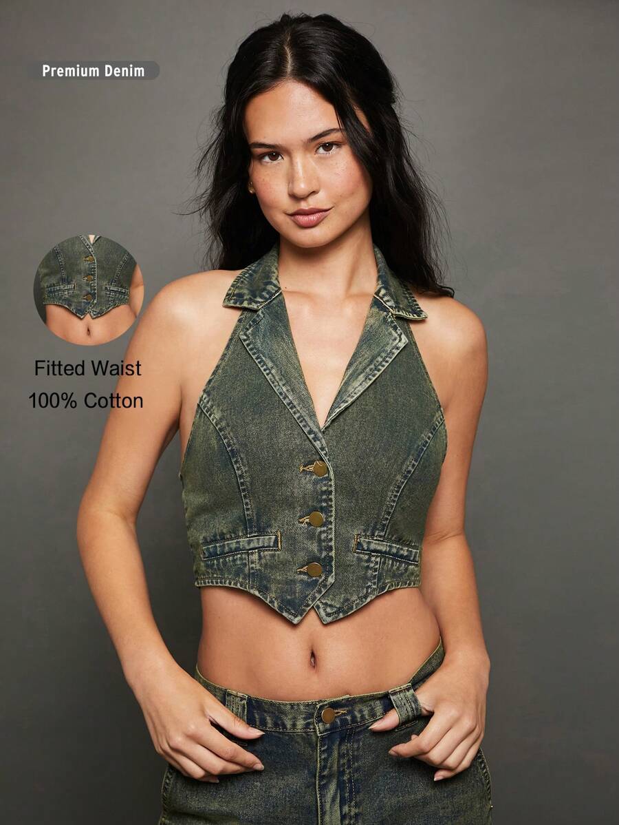 WESTFADE Premium 100% Cotton Denim Halter Top - Blue - View 1
