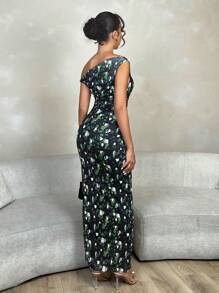 Allurite Women's Asymmetrical Neck Leopard Print Twisted Front Slit Elegant Dress With Waist Belt  Long Floral Dress Bachelorette Dress