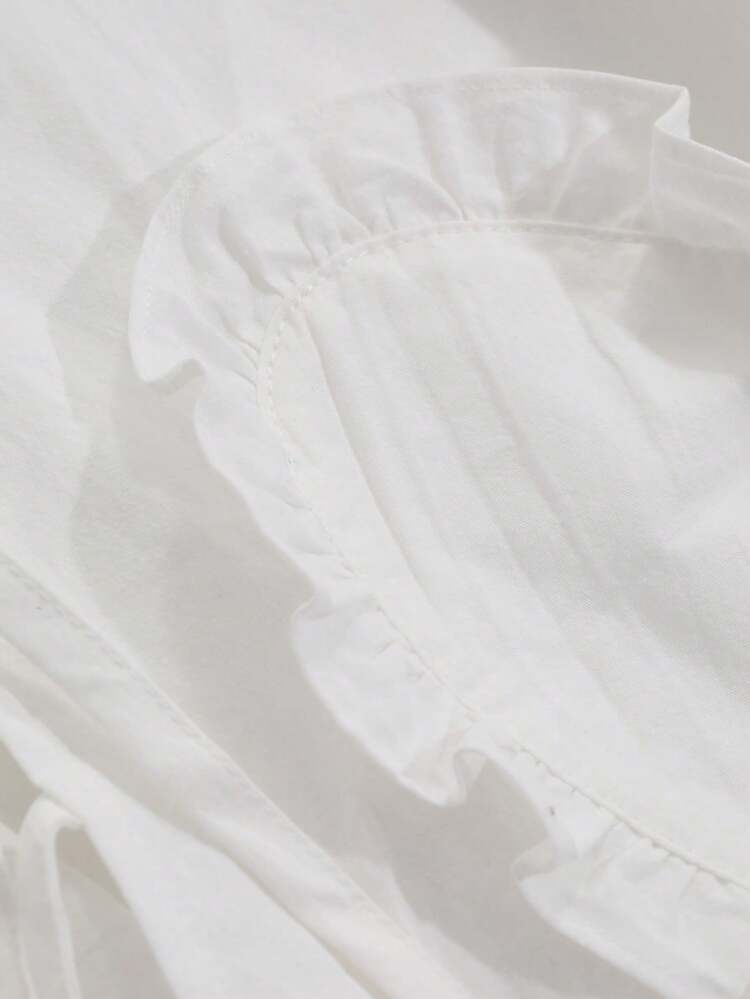 Women's Solid Color Front Tie-Up Frill Trim Loose Fit Long Sleeve Blouse, Spring Summer,Ruffle