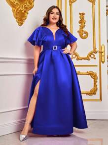 大碼荷葉邊腰帶緞面連衣裙 - 寶藍色 - 查看 5