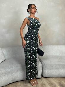 Allurite Women's Asymmetrical Neck Leopard Print Twisted Front Slit Elegant Dress With Waist Belt  Long Floral Dress Bachelorette Dress