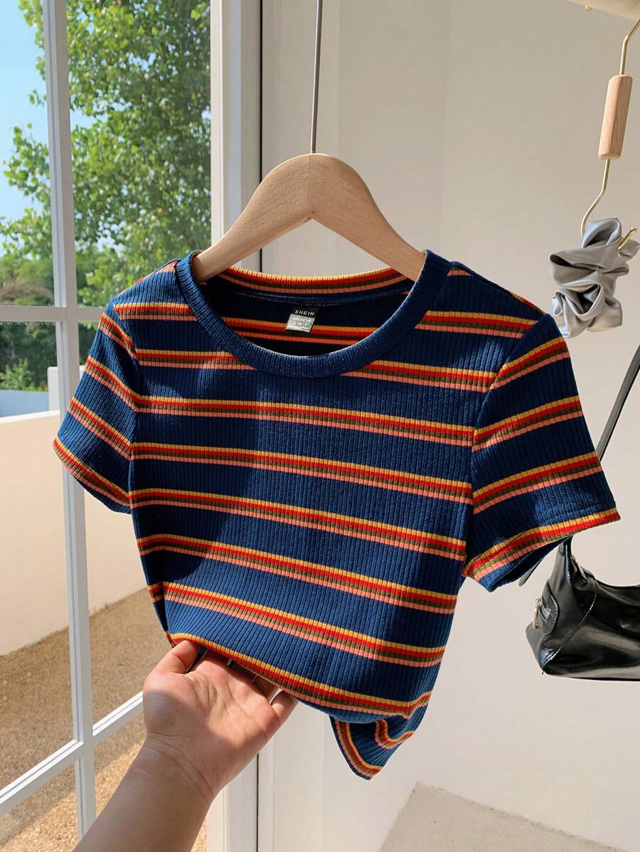 Comfortcana Plus Size Women Colorful Striped Round Neck Short Sleeve T-Shirt, Summer - Multicolor - View 1