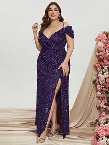 大碼派對露背 交叉 拉鍊 高衩純色連衣裙 - 紫色 - 查看 3