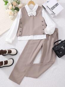 Sparklyn 3 件套 Tween 女童条纹背心、蝴蝶结装饰纯色长袖衬衫和裤子套装 - 卡其色 - 查看 1