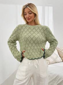 EURMUSE Women Pointelle Knit Round Neck Sweater With Striped Hem - Mint Green - View 5