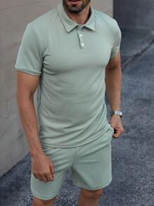 Manfinity CasualCool Plaid Textured Single Breasted Short Sleeve Polo Shirt And Shorts Set, Summer - Green - View 5