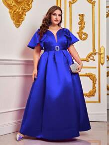 大碼荷葉邊腰帶緞面連衣裙 - 寶藍色 - 查看 4