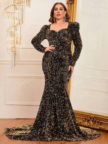 Faeriesty Plus Sweetheart Neck Gigot Sleeve Sequin Formal Dress