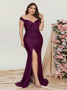 Plus Off Shoulder Ruched Split Thigh Formal Dress Formal Dresses Curve Elegant Bridesmaid Dress