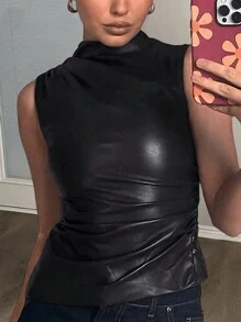 Slaydiva 极简主义街头风格高领褶皱不对称下摆无袖紧身 PU 皮革女式背心 - E - 黑色 - 查看 1