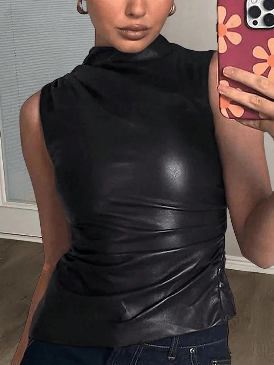 Slaydiva 极简主义街头风格高领褶皱不对称下摆无袖紧身 PU 皮革女式背心 - E - 黑色 - 查看 1