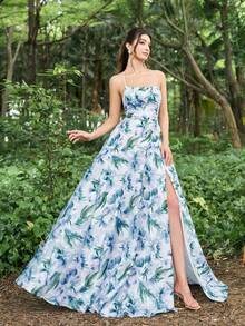 Váy dự tiệc ren hoa Jacquard phía sau, váy dự tiệc trang trọng thanh lịch cho tiệc tối, tiệc tốt nghiệp, tiệc tối - Màu xanh lam - Xem 5
