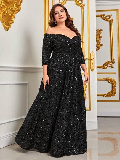 Faeriesty Plus Off Shoulder Sequin Formal Dress Black Elegant Prom Evening Wedding Guest Gown, For Graduation, Dinner Party Dress