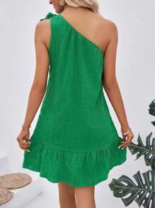 Breezaya Vestido con volante en el bajo, hombro único y nudo sólido - Atuendo de vacaciones playeras para mujer - Verde - Ver 2