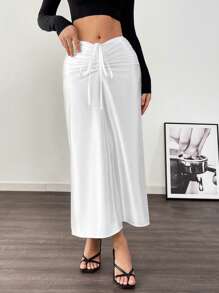 SHEIN Unity Women's Drawstring Pleated Casual Daily Wear Skirt Fall Cloth For Women - White - View 3