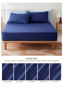 2/3件套纯色床笠，床垫保护套，床垫罩，深口袋床笠，柔软透气，适用于单人床、双人床、大号双人床、特大号双人床 - 14英寸/35厘米深口袋，通过Oeko-Tex认证 - 藏蓝色 - 查看 9