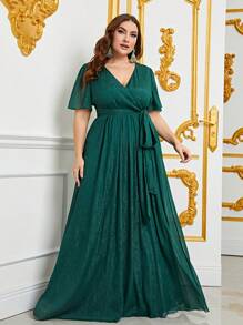 Faeriesty Plus Surplice Neck Belt Dress - Dark Green - View 1