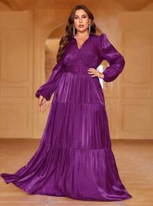 Plus Lantern Sleeve Ruffle Hem Chiffon Dress - Purple - View 4