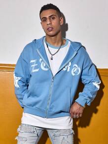 Manfinity Roghcode Men Simple Printed Zipper Hooded Knitted Sweatshirt, Light Blue Going Out Street Wear Letter Long Sleeve Zip-Up Hoodie, For Friends, Husband, Boyfriend Gifts, Light Blue Hoodie, Streetwear, Fall - Baby Blue - View 3