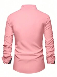 Manfinity Mode Men's Fashionable Casual Printed Patchwork Long Sleeve Shirt, Fall, Pink - Pink - View 2