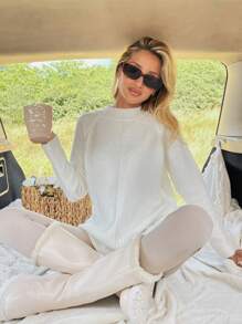 EURMUSE Women Solid Color Mock Neck Sweater - White - View 2