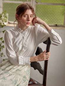 Simple Retro White Pusher Long Sleeve Ruffled Turtleneck Shirt - White - View 7