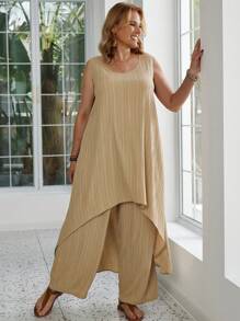 EMERY ROSE 2 pièces Ensemble Top et pantalon décontracté avec encolure ronde sans manches et bas asymétrique, grande taille - Kaki - Voir 2
