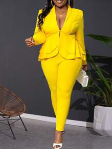 Slaydiva Fall Classic Commuting Women's Plus Size Yellow Women Dresses Yellow Solid Color Waist-Cinching Frilled Hem V-Neck Suit Set - Yellow - View 11