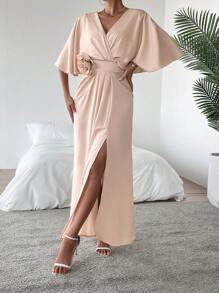 Chiquease Women's Solid Color 3d Flower Decorated Batwing Sleeve Dress With Side Slit - Apricot - View 6