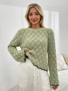 EURMUSE Women Pointelle Knit Round Neck Sweater With Striped Hem - Mint Green - View 2