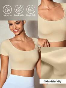 Eassivo Eassivo Women's Scoop Neck Short Sleeve Solid Color Casual Crop Sports T-Shirt, Short Length - Apricot - View 5