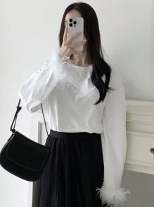 DAZY Women's Solid Color Crew Neck Drop Shoulder Long Sleeve Fluffy Cuff Casual T-Shirt, Spring & Summer