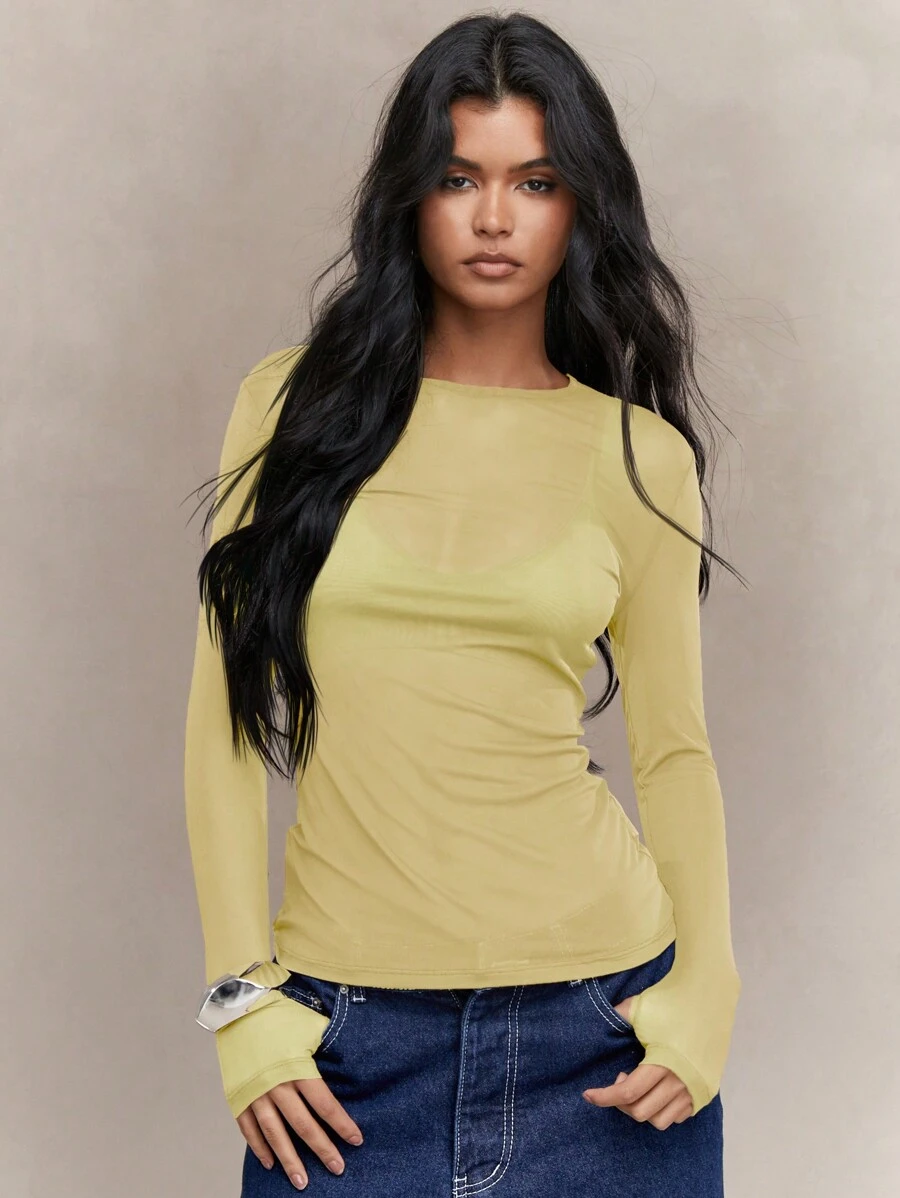 MISSGUIDED 透明網眼拇指洞長袖上衣 - 黃色 - 查看 1
