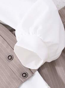 Sparklyn 3 件套 Tween 女童条纹背心、蝴蝶结装饰纯色长袖衬衫和裤子套装 - 卡其色 - 查看 5