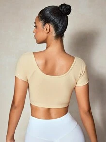 Eassivo Eassivo Women's Scoop Neck Short Sleeve Solid Color Casual Crop Sports T-Shirt, Short Length - Apricot - View 2