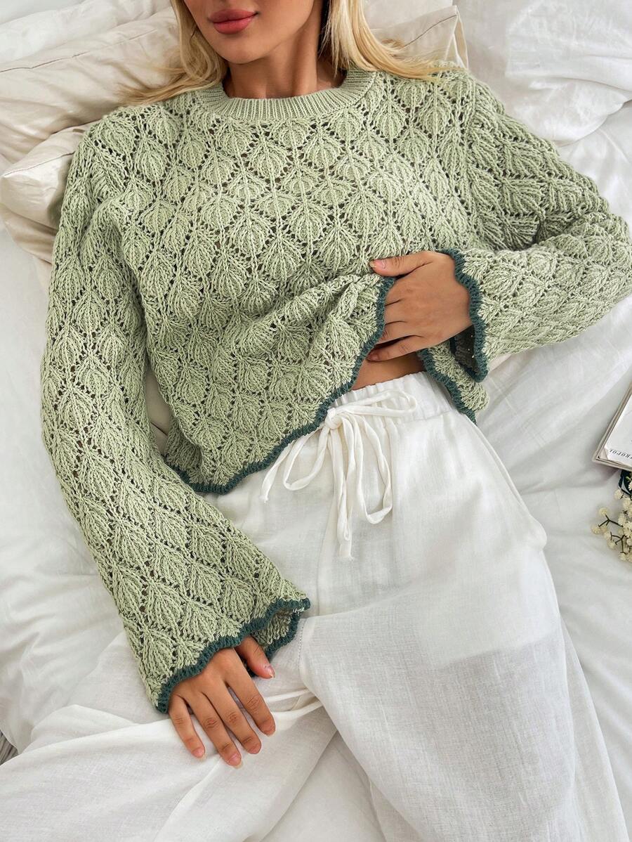 EURMUSE Women Pointelle Knit Round Neck Sweater With Striped Hem - Mint Green - View 1